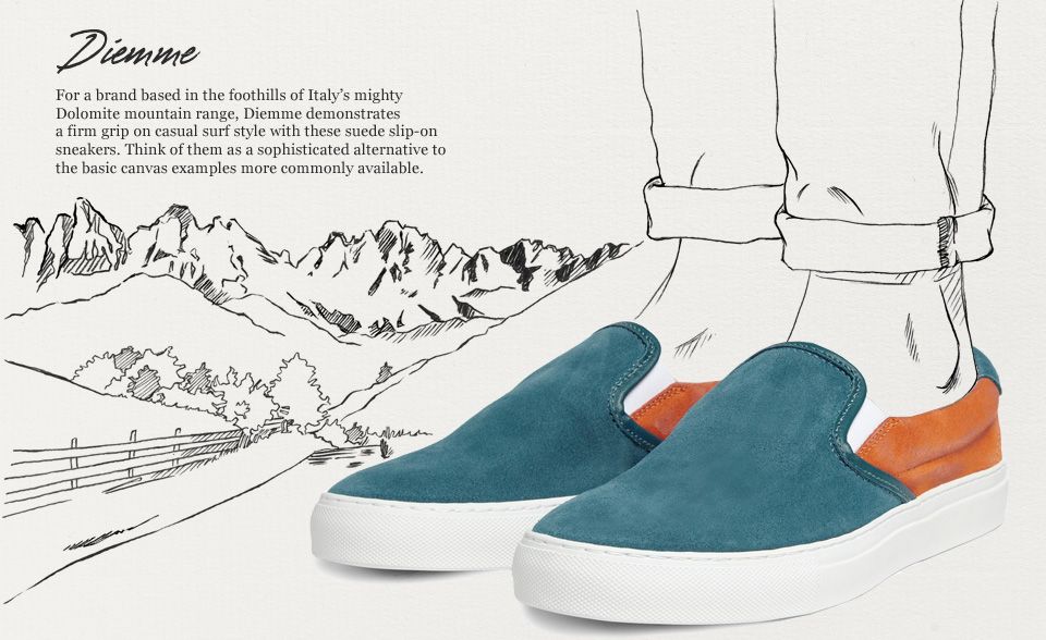 slip-on sneakers, casual sneakers, slip-on shoes, canvas sneakers, loafers, deck shoes, slip-ons, brand awareness, product launch, editorial, calm, luxurious, neutral, blue, orange